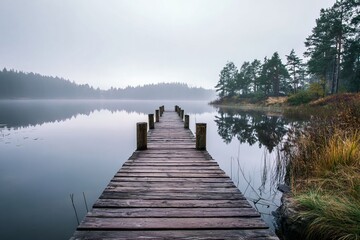 Obraz premium Misty wooden pier extending into calm reflective lake, surrounded by autumn forest and tranquil atmosphere