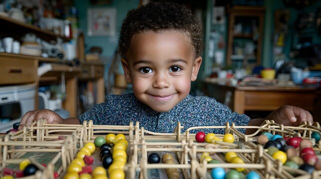 A happy young mixed race child smiles at the camera playing with a colorful vintage abacus toy at home.