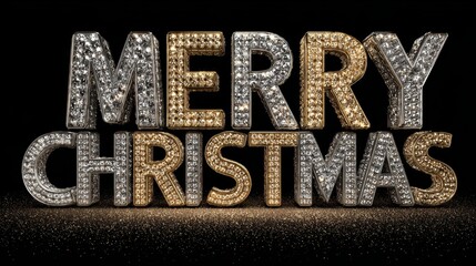 MERRY CHRISTMAS in 3D in a shiny style. golds and diamonds. Merry christmas 