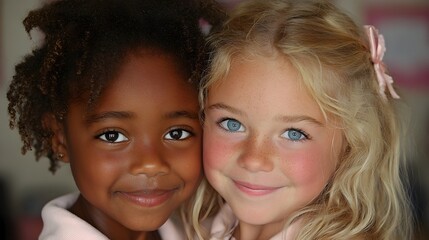 Two beautiful young girls of different ethnicities smile closely together, a symbol of friendship and unity.