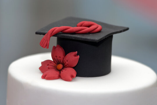 Graduation Cap and Red Flower Decoration on a White Cake
