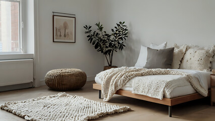 modern living room, Minimalist style with white walls, wood accents, and cozy throw blankets, bedroom with bed, bed in bedroom