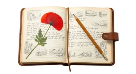 Open journal with a pressed poppy and pencil isolated on transparent background, a nostalgic composition