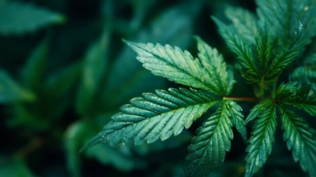 Close up of green cannabis leaf with textured surface and detail