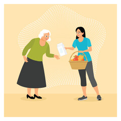 Helping older generation concept. A woman carrying a food basket is giving food and drink.