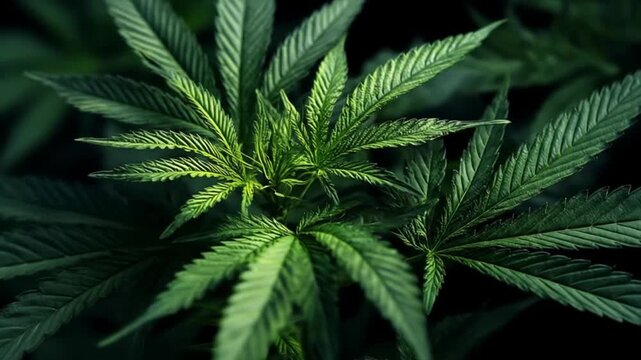 Close up of green cannabis plant leaves in natural sunlight