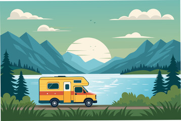 Beautiful Camping Van Parked Near Lake With Mountains Bold Professional Photo