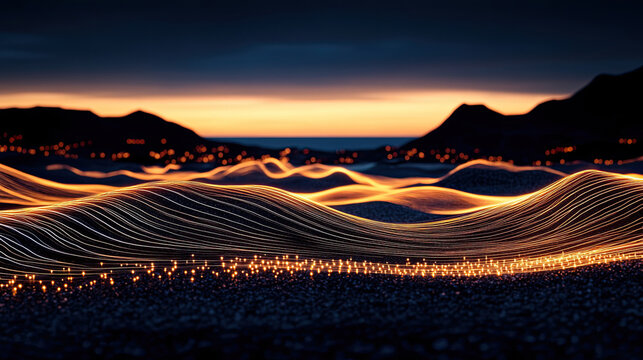 dynamic landscape of glowing lines creates mesmerizing visual effect, resembling waves under twilight sky. interplay of light and shadow evokes sense of wonder and ity