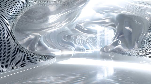 interior with AI-generated wall patterns, abstract flowing textures, futuristic digital art integrated into walls, cinematic 16:9