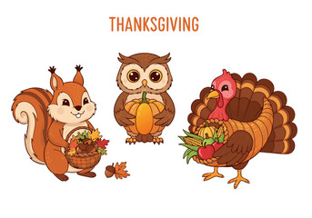 Cute Thanksgiving Cartoon Animals Set for Kids - Adorable Wildlife Illustrations for Holiday Fun