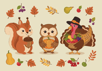 Thanksgiving Cute Cartoon Set for Kids Squirrel, Owl, and Turkey Illustrations 