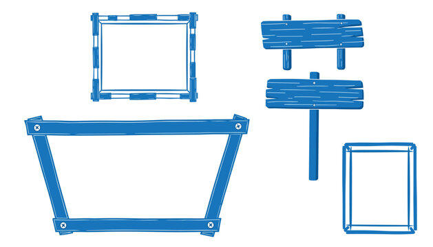Vector art of collection of blue wooden frames and signs 