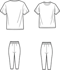 Flat vector CAD drawing of casual t-shirt and jogger pants set, front and back view technical fashion sketch template