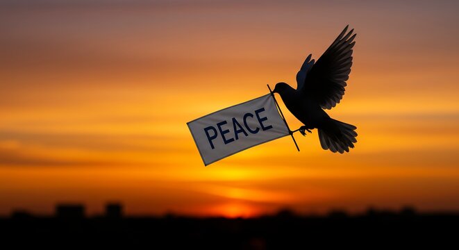 Dove silhouette carrying peace sign against vibrant sunset sky promoting harmony and unity