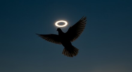 Fototapeta premium Dove with a glowing halo flying against a dark blue sky symbolic representation conceptual imagery