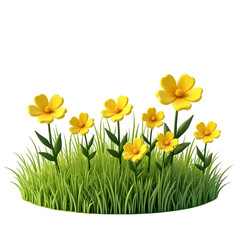 3d Vibrant yellow flowers blooming grassy hill nature landscape spring season isolated on transparent background