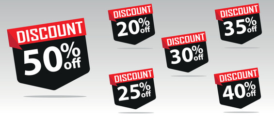 Discount buy now label pop-up banner with different sale percentage. 20, 25, 30, 35, 40, 50 percent off price reduction badge promotion, red discount sale tags with percentages	