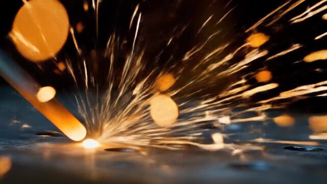 Close up of welding process sparks in a dark industrial setting