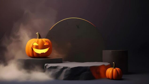 Spooky Halloween Scene with Glowing Pumpkins and Podium,