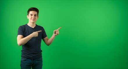 A smiling young man points to the right against a vibrant green screen background, ideal for adding your own content or graphics.