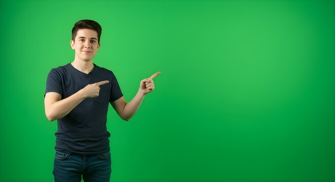 A smiling young man points to the right against a vibrant green screen background, ideal for adding your own content or graphics.