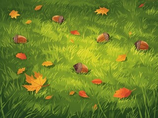 芝生の上のどんぐりと秋色の落ち葉のイラスト