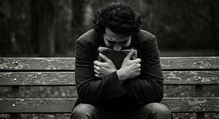 Fototapeta premium Person sitting on bench in monochrome contemplating holding book