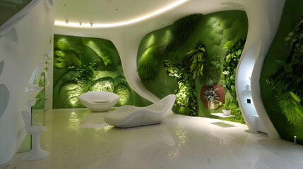 futuristic interior design merging nature and technology, living green walls with LED lights, smart furniture, organic shapes, cinematic 16:9
