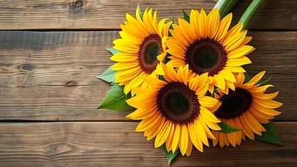 Obraz premium Golden-toned sunflower arrangement on rustic wood, radiating warmth and rustic charm.