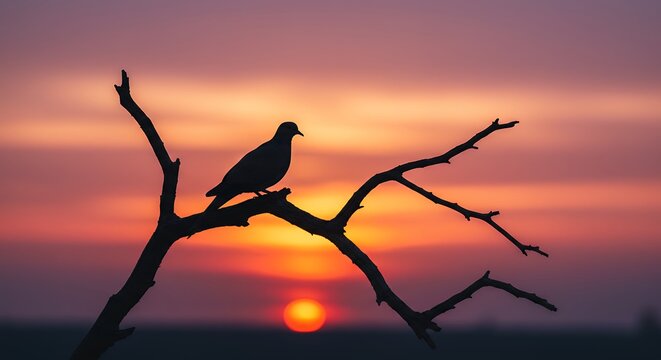 Silhouette of a bird perched on a branch against a vibrant sunset sky - Powered by Adobe