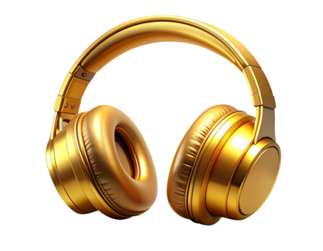 Set of Golden over-ear headphones icon in 3D perspective view, isolated with soft sha