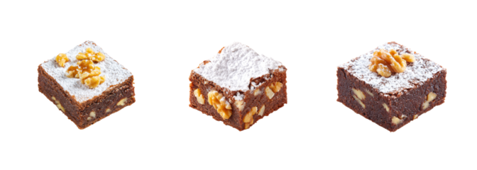 Delicious walnut brownies dusted with powdered sugar, rich chocolate dessert, perfect for baking, cafe and food advertising PNG set Transparent backround