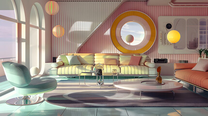 retro futurism living room with 1960s inspired furniture, pastel colors, chrome accents, futuristic details, cinematic 16:9