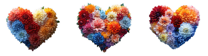 Three heartshaped arrangements of colorful flowers, symbolizing love and affection, isolated on transparent background, creating a romantic and cheerful atmosphere