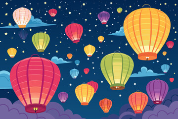 Lanterns Floating Night Sky Bold Vec High-Quality Stock Image Perfect for Editorial Content