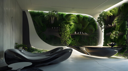 futuristic interior design merging nature and technology, living green walls with LED lights, smart furniture, organic shapes, cinematic 16:9