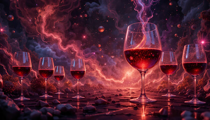Wine glasses on a table with a red and purple nebula background