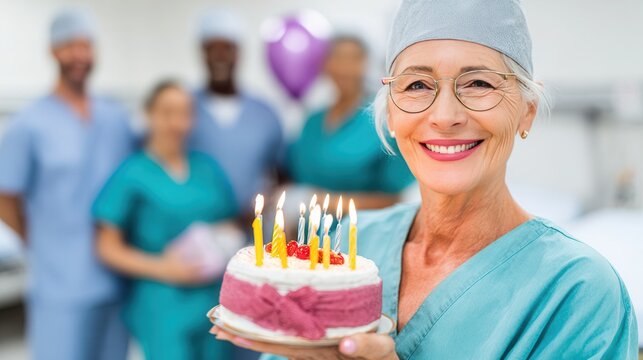 Celebrating birthdays in healthcare settings: joyful nurse holding cake in hospital - Powered by Adobe