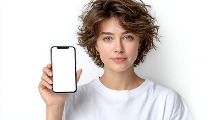 a young woman showing a smartphone with a blank white screen