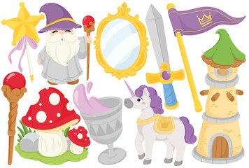 Cute cartoon fantasy fairy tale clip art illustration with wizard magic wand staff sword tower unicorn mushroom potion cup flag and mirror element in decorative handdrawn design for story theme