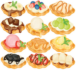 watercolor Cute cartoon waffle dessert clip art illustration with ice cream chocolate fruit banana berry melon cookie caramel strawberry sauce and wafer element