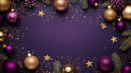 Purple Vertical Background Featuring Golden Christmas Balls and Ornaments in Flat Lay Top View