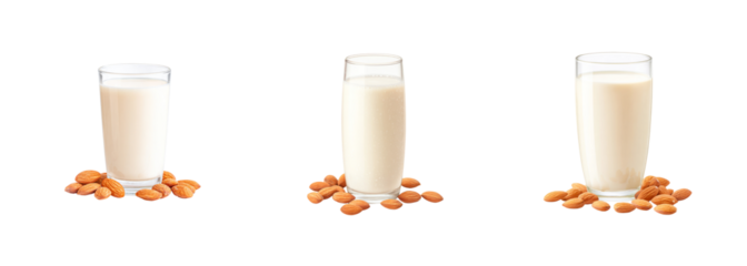 Three glasses of almond milk with whole almonds, isolated on a black background, perfect for healthy lifestyle and vegan product marketing campaigns. PNG set Transparent background