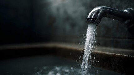A detailed close up captures clear water cascading from a gleaming chrome faucet into a bathtub with a soft steam rising in the background