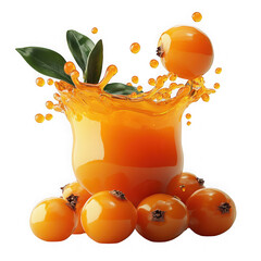 Sea buckthorn juice splashing in glass with fresh berries and green leaves isolated on transparent background, a refreshing and healthy drink for any occasion