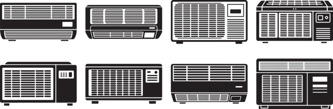 A set of Black and white air conditioning unit flat design vector illustration