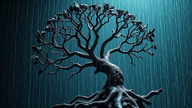 A shattered tree of life sculpture with digital binary rain, symbolizing evolution and technology.