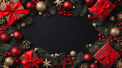 Vertical Christmas Banner Frame Made of Gift Boxes with Red Ribbon Bow Fir Branches Gold and Red Baubles on Black Background