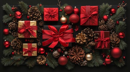Vertical Christmas Banner Frame Made of Gift Boxes with Red Ribbon Bow Fir Branches Gold and Red Baubles on Black Background