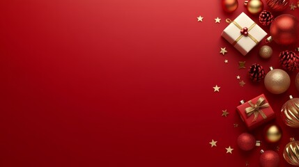 Vertical Flat Lay Composition Featuring Holiday Gifts Gold Ornaments and Stars on Red Background for Festive Poster